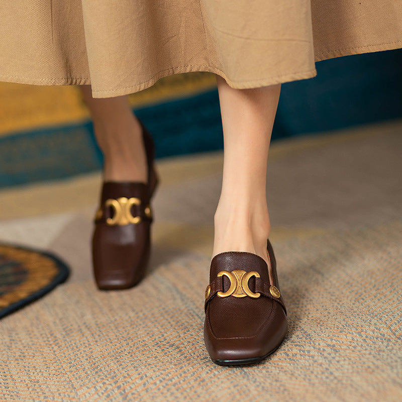Retro Soft Leather Chunky Heel Women's Shoes