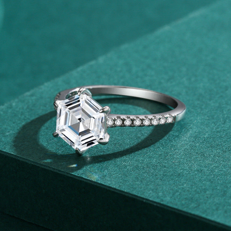 Korean Style S925 Silver Hexagon Simulated Diamond Ring