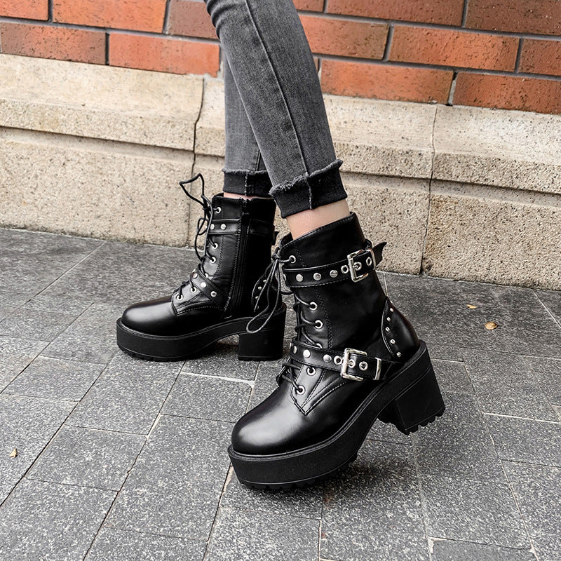 Rivet Belt Buckle Lace-Up Chunky Heel Waterproof Boots