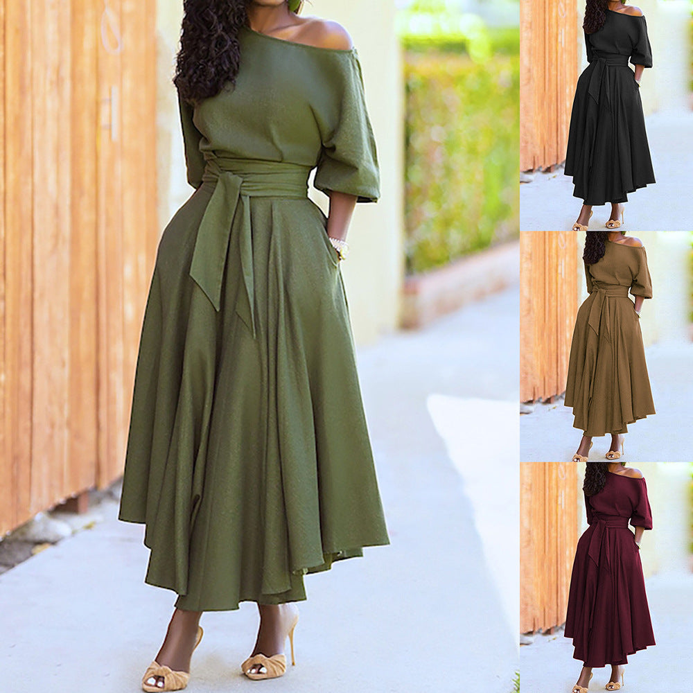 2023 Women's Solid Color Dress with Waist Tie