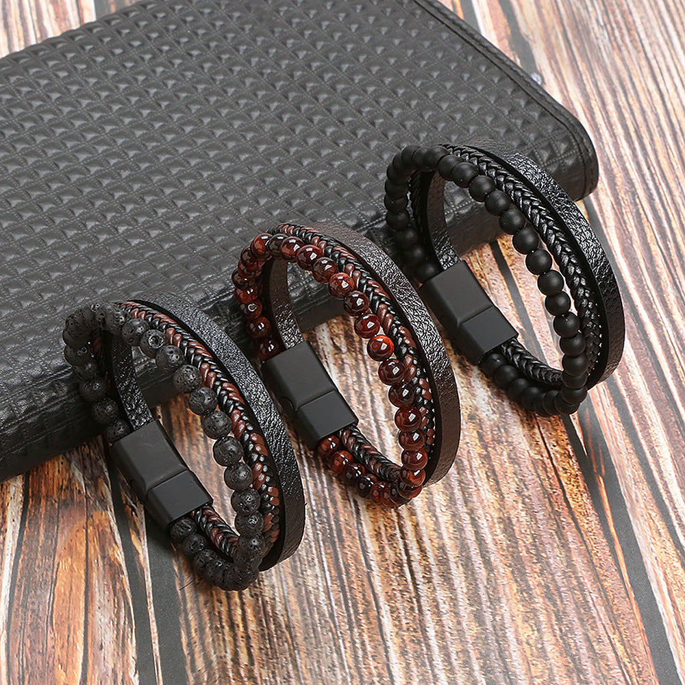 Men's Leather and Natural Stone Volcano Rock Bracelet