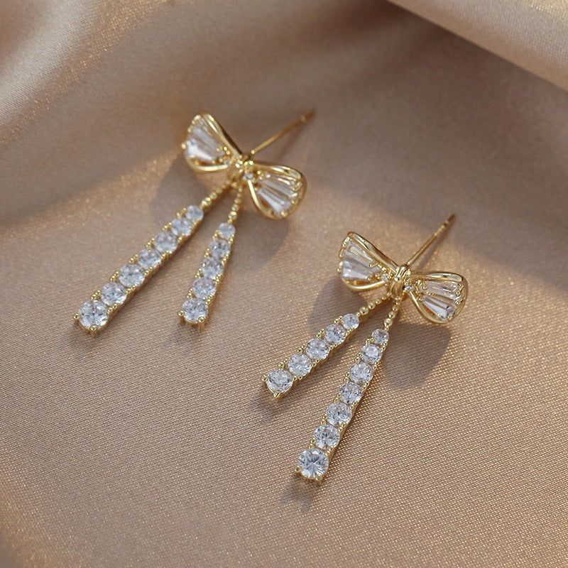 Fashionable Zircon Crystal Bow Earrings with Silver Hooks