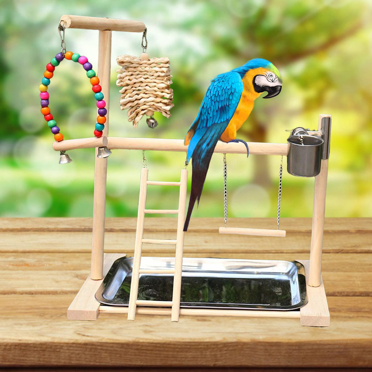 Solid Wood Parrot Playstand with Gym Ladder and Toys