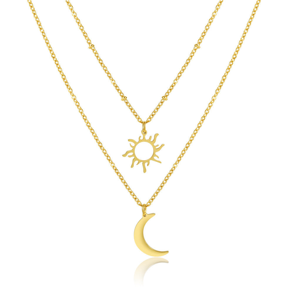 Stainless Steel Sun Moon Multi-Layer Necklace for Women