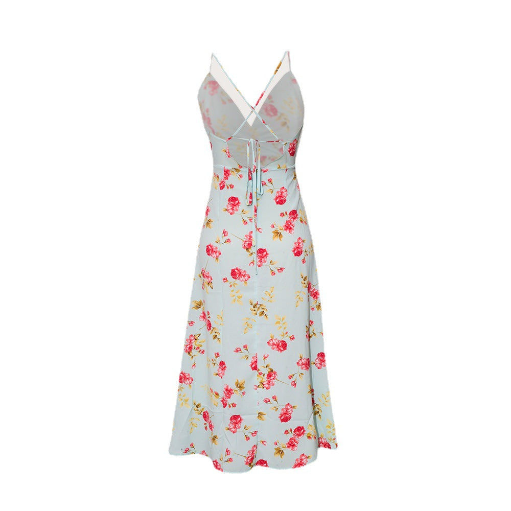 Elegant V-Neck Printed High-Waist Dress for Women