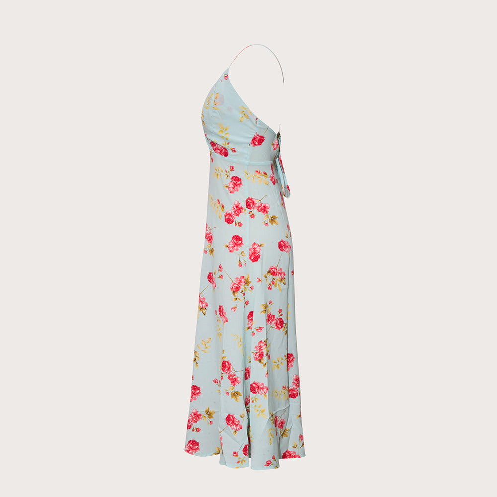 Elegant V-Neck Printed High-Waist Dress for Women