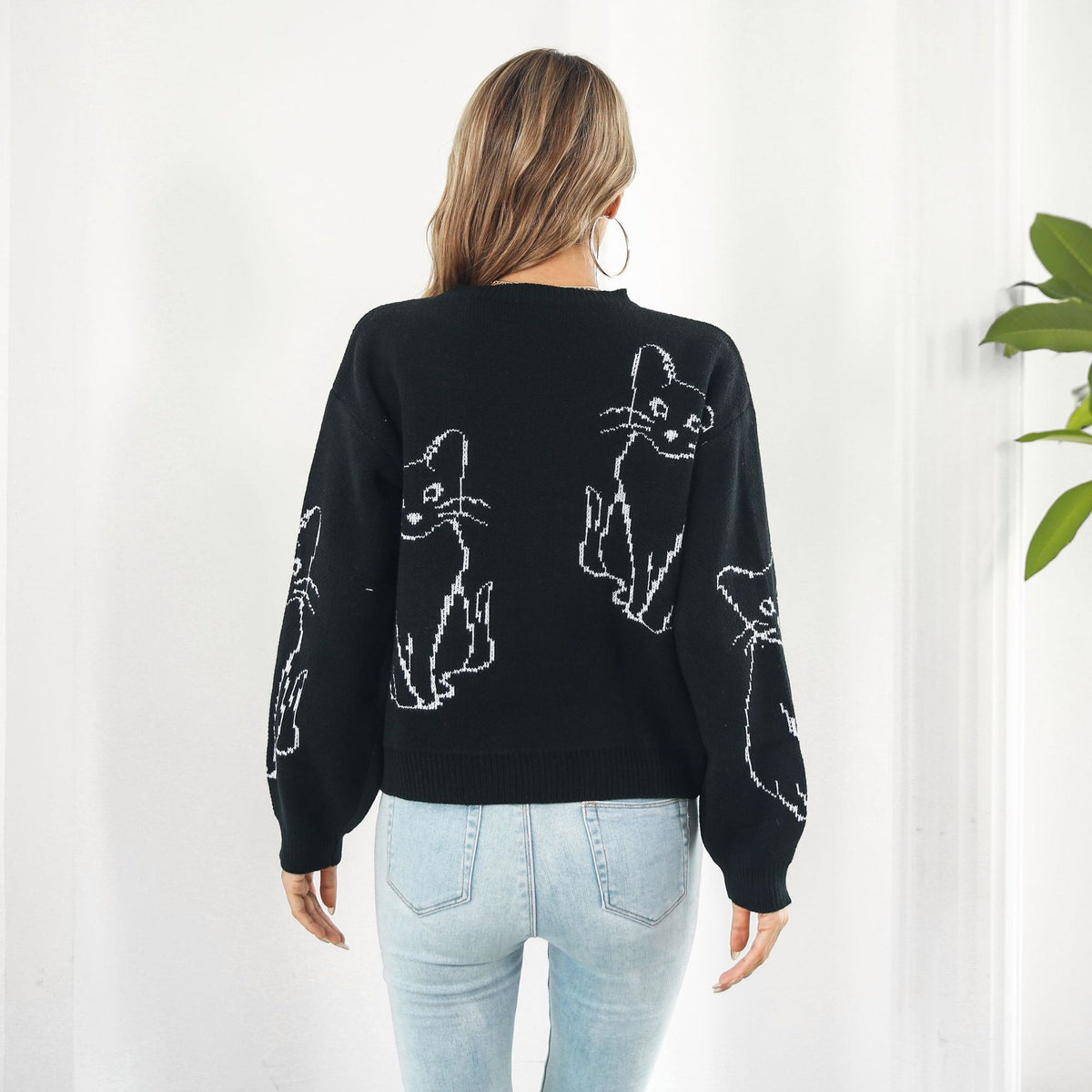 Loose-Fit Cat Pattern Sweater for Women, Fall/Winter