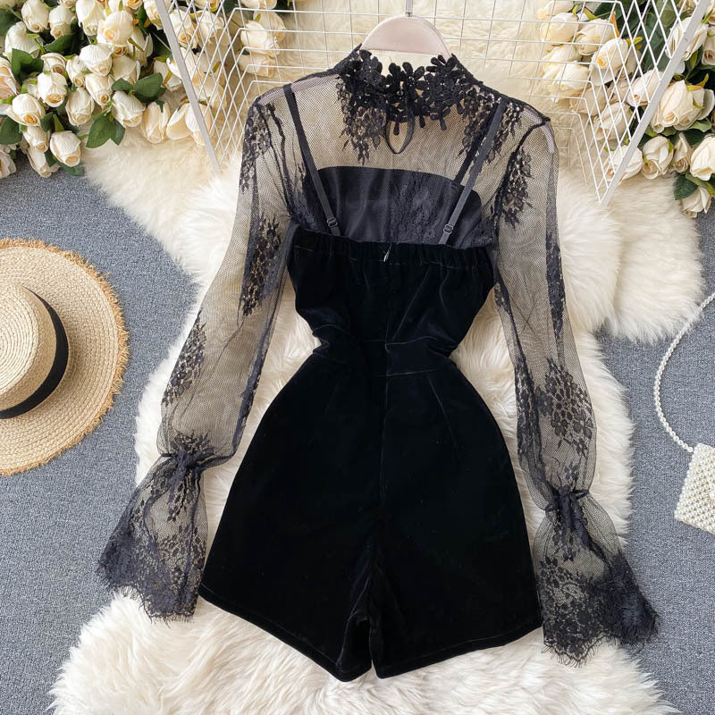 Korean Style Autumn Lace Top and Wide-Leg Jumpsuit Set