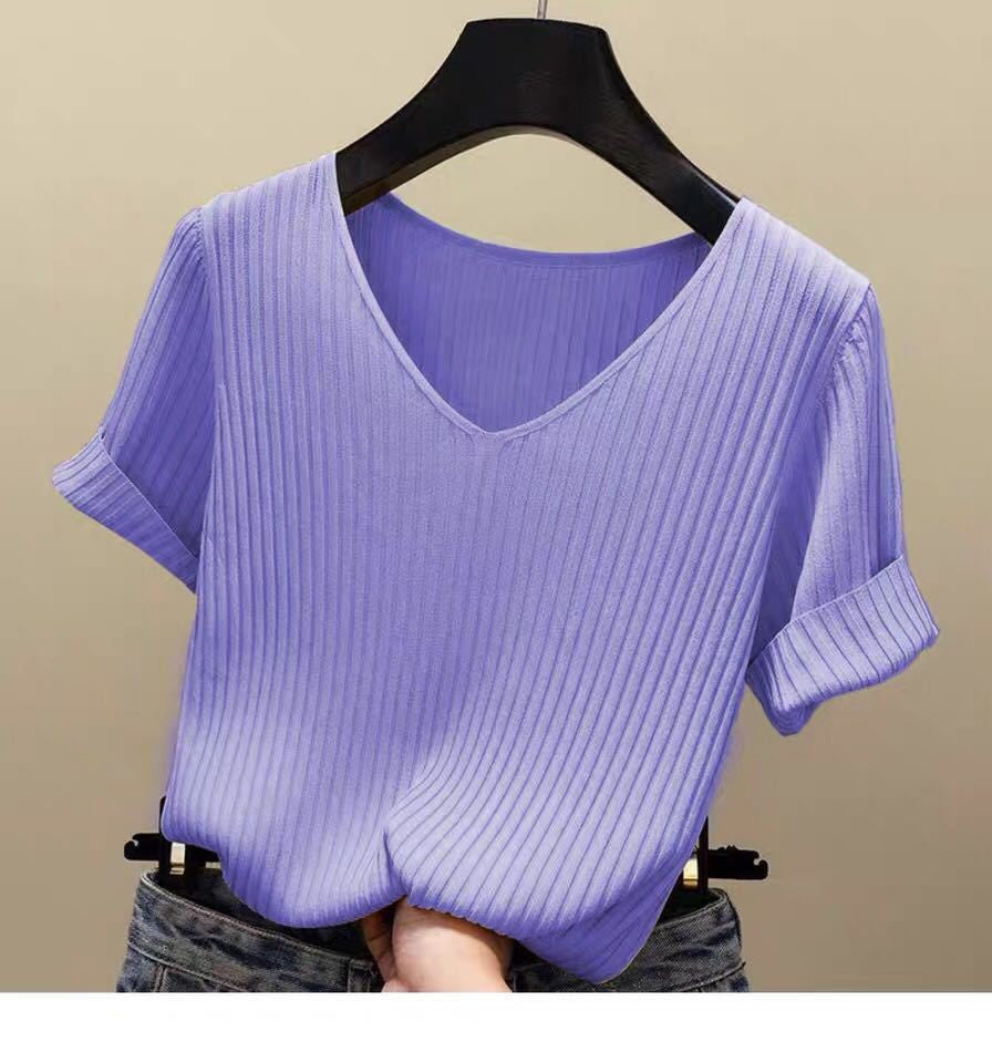 Summer Ice Silk Knit Black T-Shirt for Women