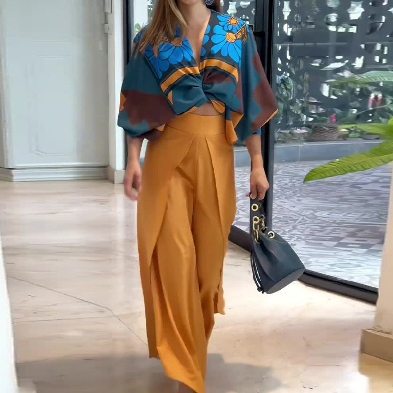 2023 Fall Fashion Print Batwing Top & High-Waist Pants Set