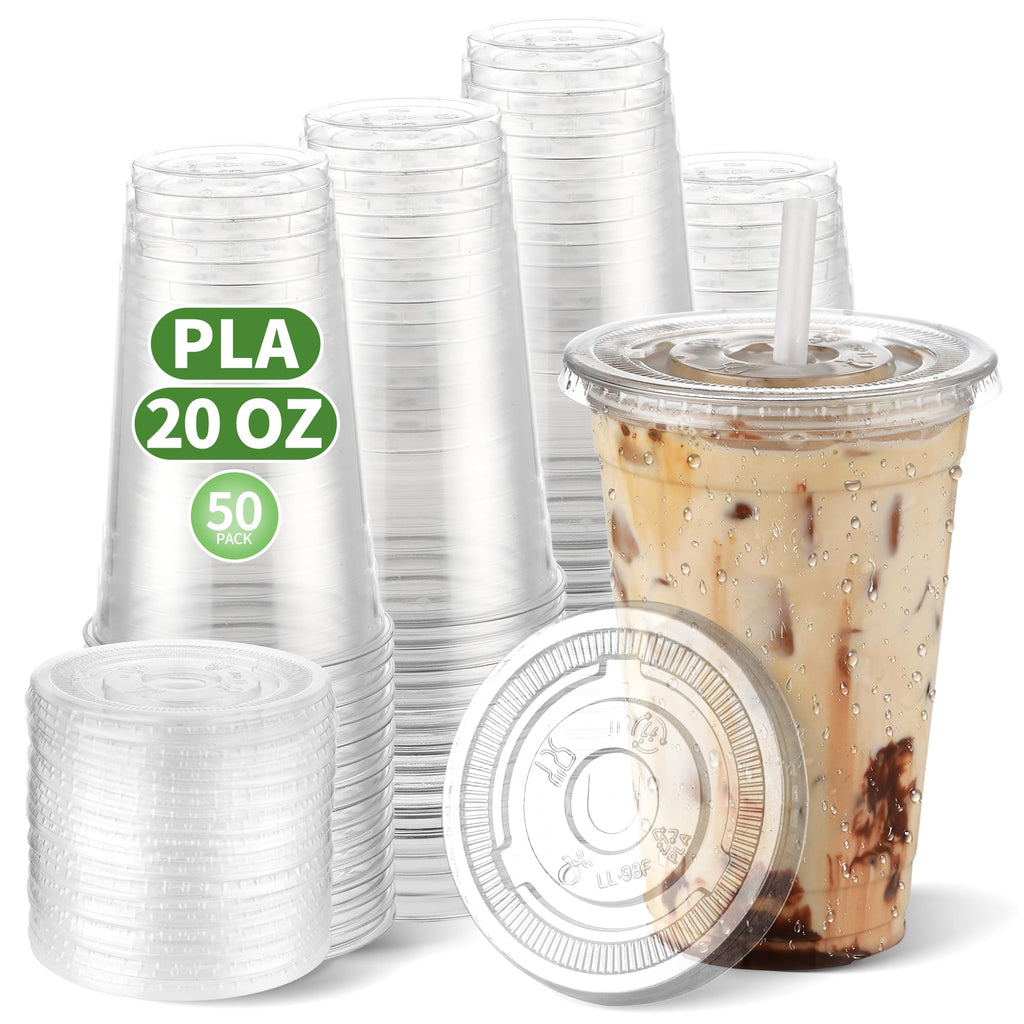 20 OZ Compostable Clear Plastic Cups Disposable Iced Coffee Cups with Flat Lids Biodegradable Cold Drinking Cups To Go Coffee Cups for Party Smoothie Boba Tea Slushy Milkshake 50 Sets