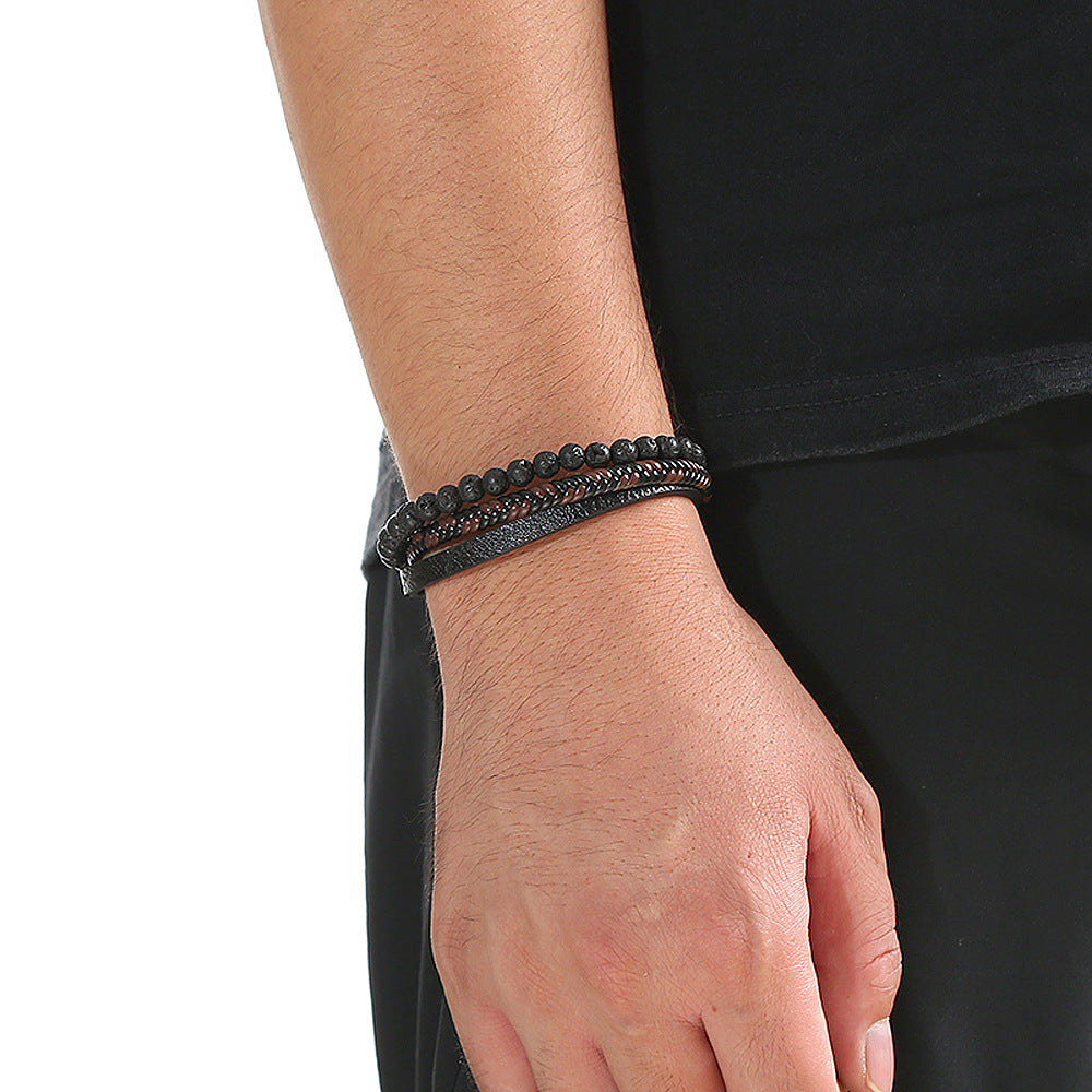 Men's Leather and Natural Stone Volcano Rock Bracelet