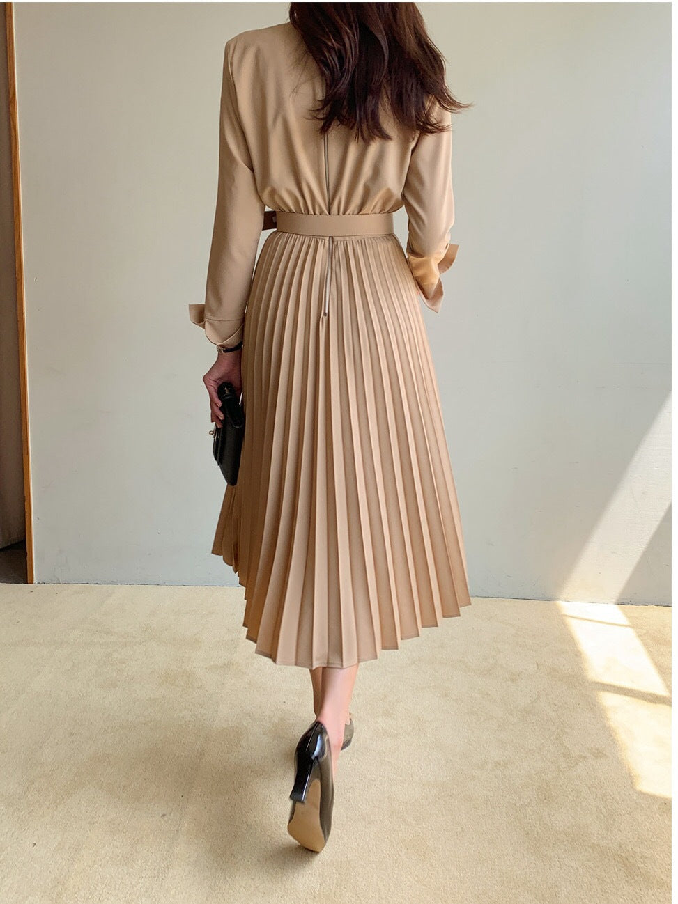 Chic Pleated Dress with Waist Tie Trench Coat