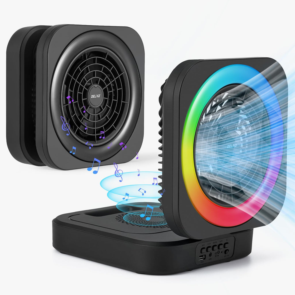Delxo Bluetooth Speaker with LED Desk Night Light for Indoor Office Home Portable Wireless Speaker with Fan Rechargeable Outdoor FM Radio Speaker Camping Hiking Weekend Black