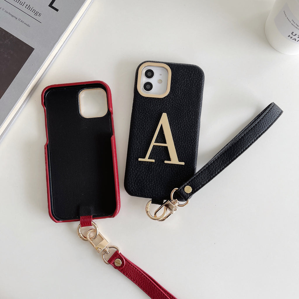 iPhone 14/13 PU Case with Metal Letter and Strap