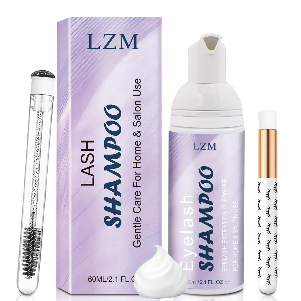 LZM Lash Shampoo Lash Cleaner - Lash Wash Cleaning kit for Cluster Lash/Eyelash Extensions Lash Bath Lash Cleanser Foam Lash Soap Lash Care Oil Free 60ml(3-IN-1 SHAMPOO KIT)