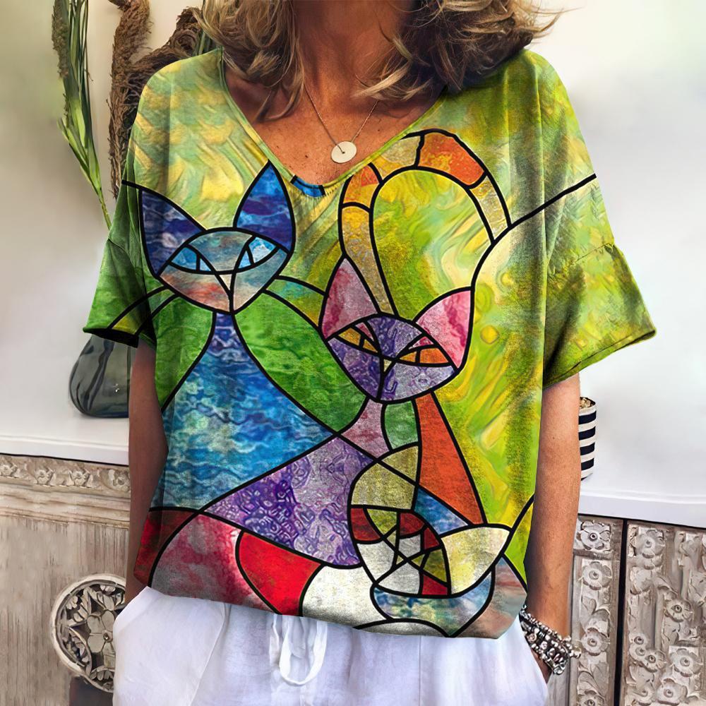 2023 Summer Women's V-Neck T-Shirt with 3D Cat Print