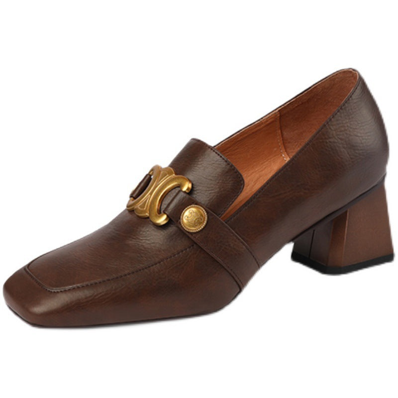 Retro Soft Leather Chunky Heel Women's Shoes