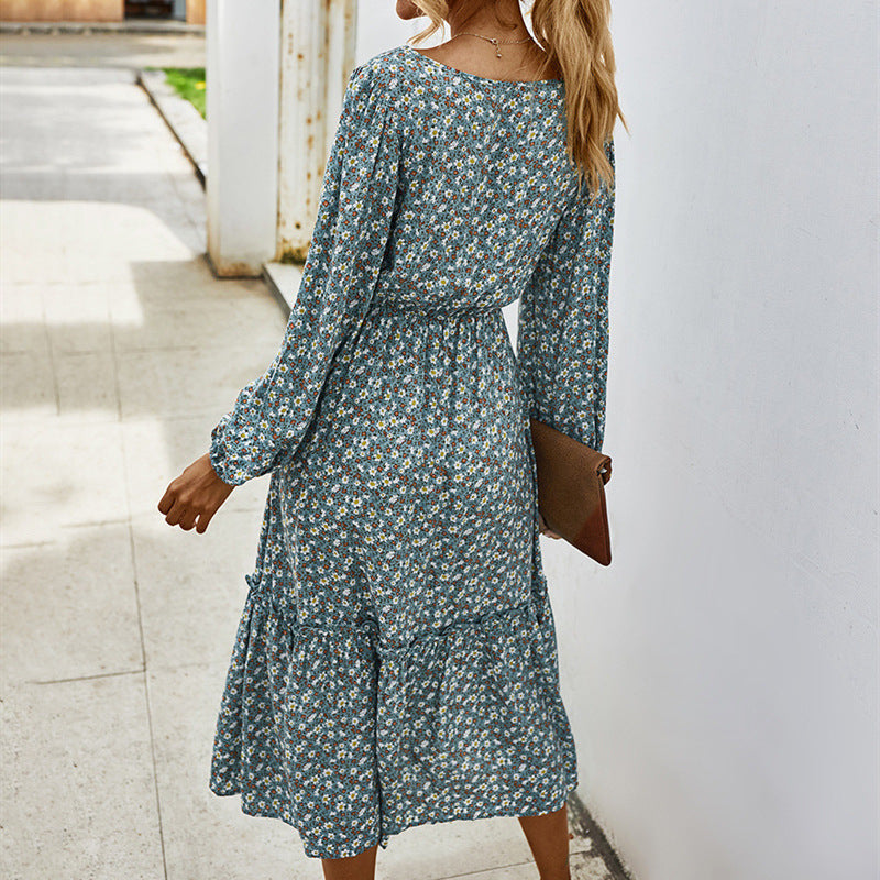Autumn Winter Floral Print Dress with Square Neck