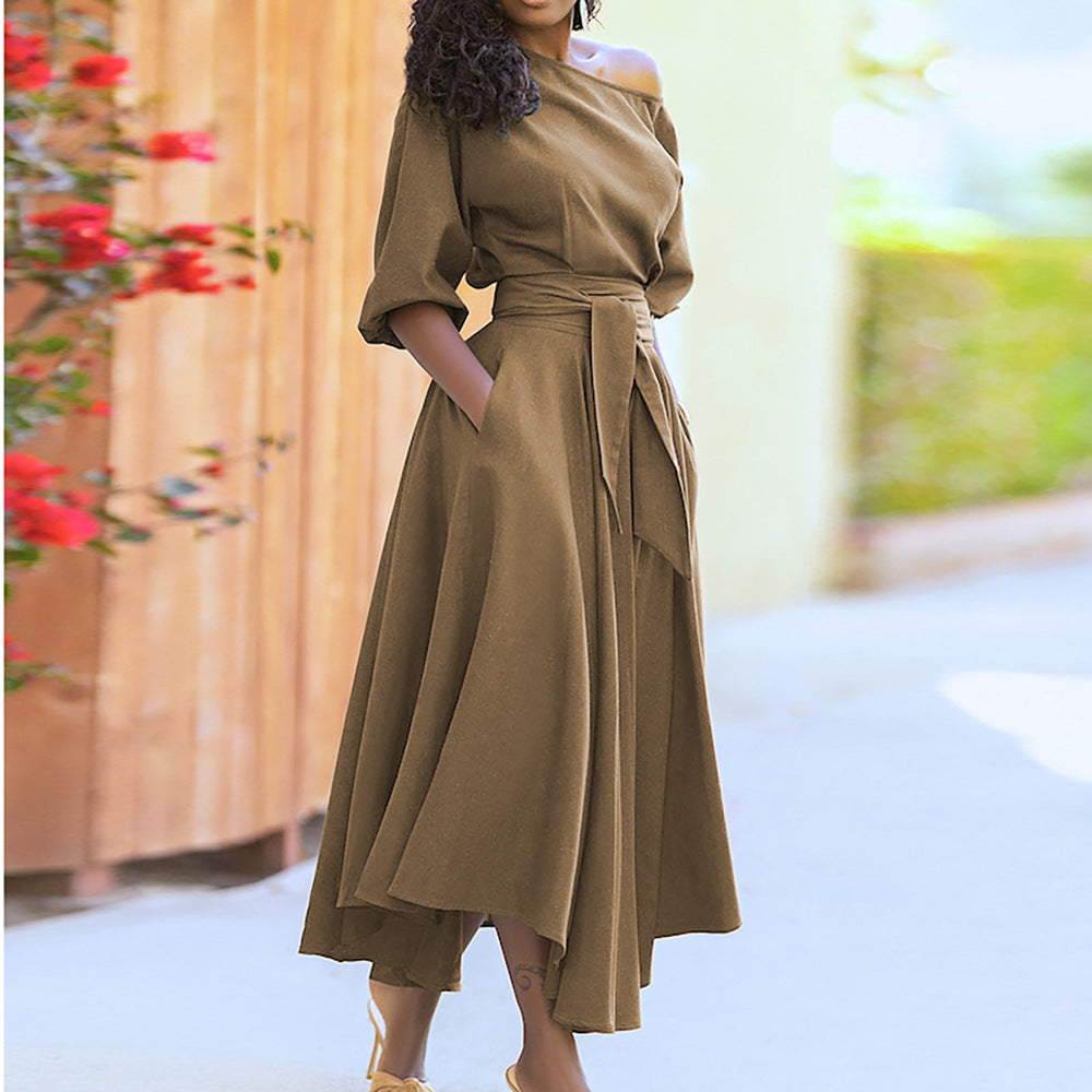 2023 Women's Solid Color Dress with Waist Tie