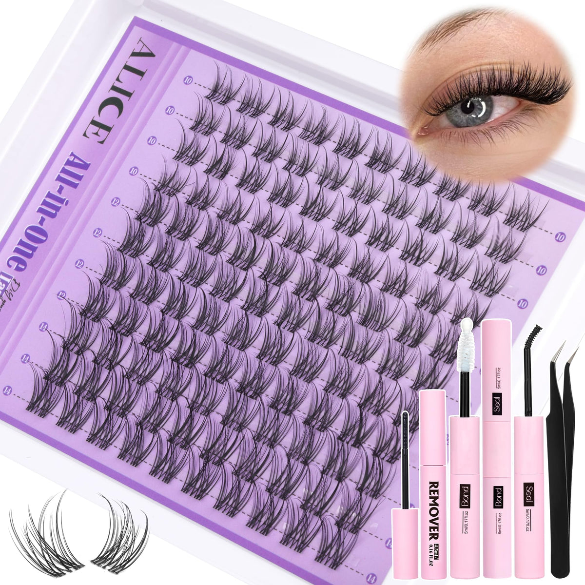 ALICE Natural Lash Extensions Kit Invisible Band Lash Clusters Kit Wispy10-14mm Eyelash Extensions C Curl Individual Cluster Lashes Kit with Lash Remover DIY at Home