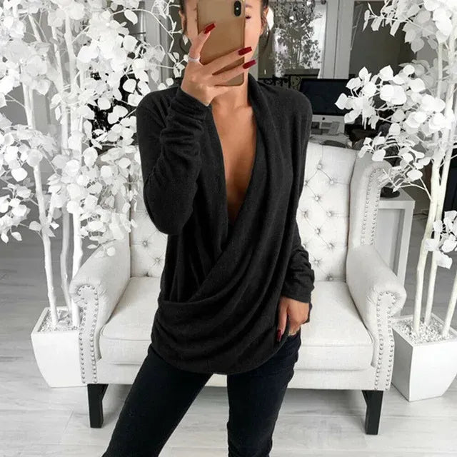 2023 Women's V Neck Long Sleeve Pleated Wrap Top Blouse