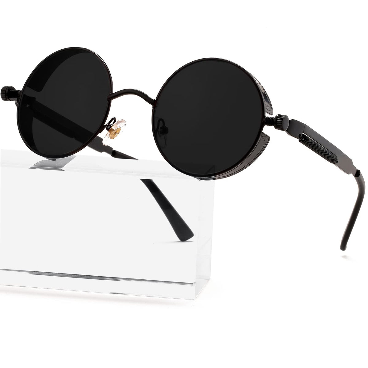 AIEYEZO Round Steampunk Sunglasses for Men Women Gothic Glasses Vintage Circle Metal Frame 100% UV Blocking Lens (Black/Grey)