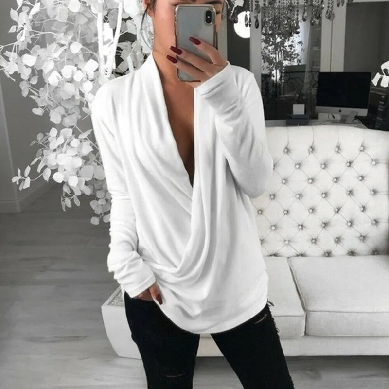 2023 Women's V Neck Long Sleeve Pleated Wrap Top Blouse