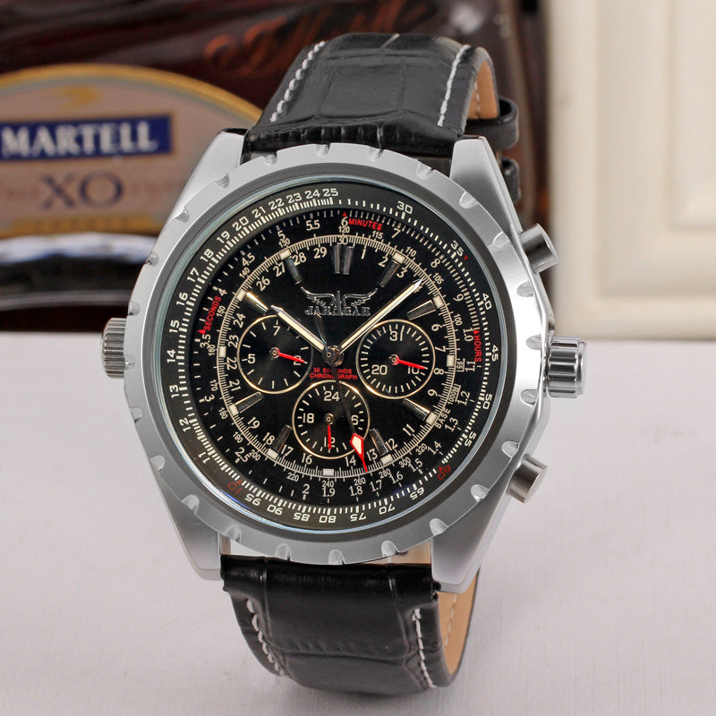 JARAGAR Black Three-Eye Six-Needle Automatic Watch