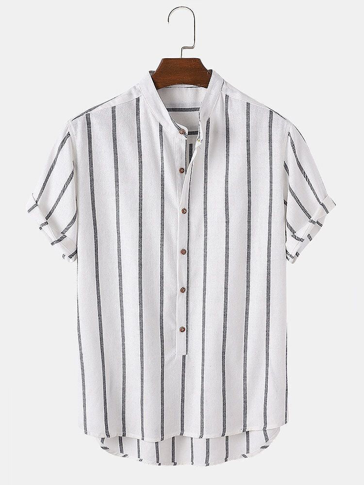 Stylish Striped Short Sleeve Men's Shirt with Stand Collar