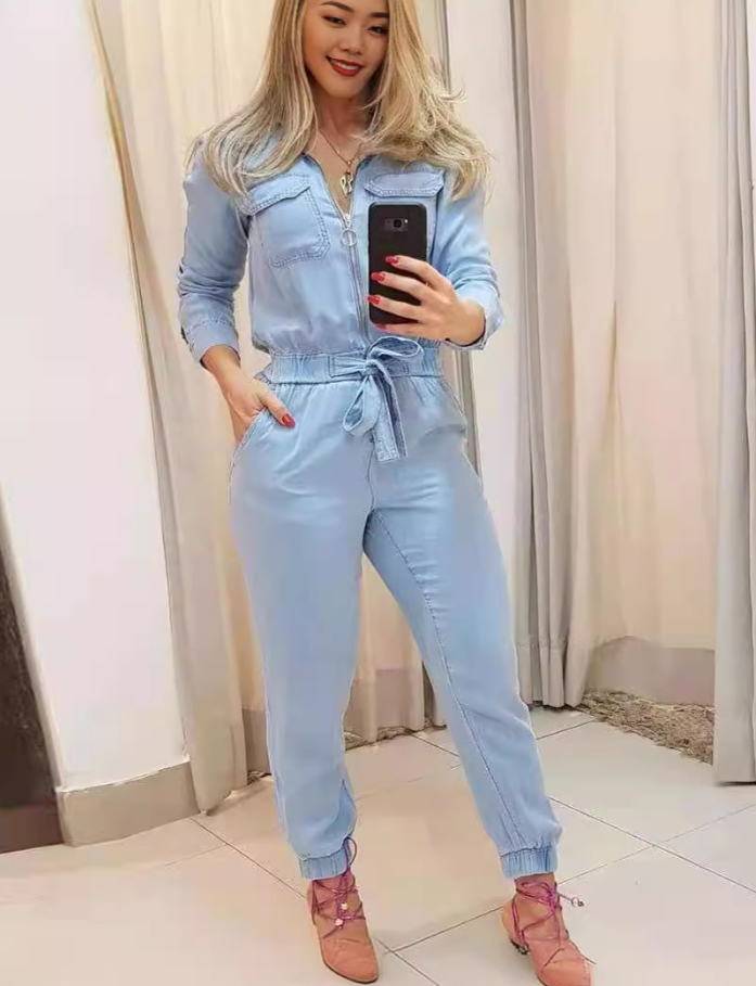 2021 New Women's Blue Zipper Jumpsuit for E-commerce