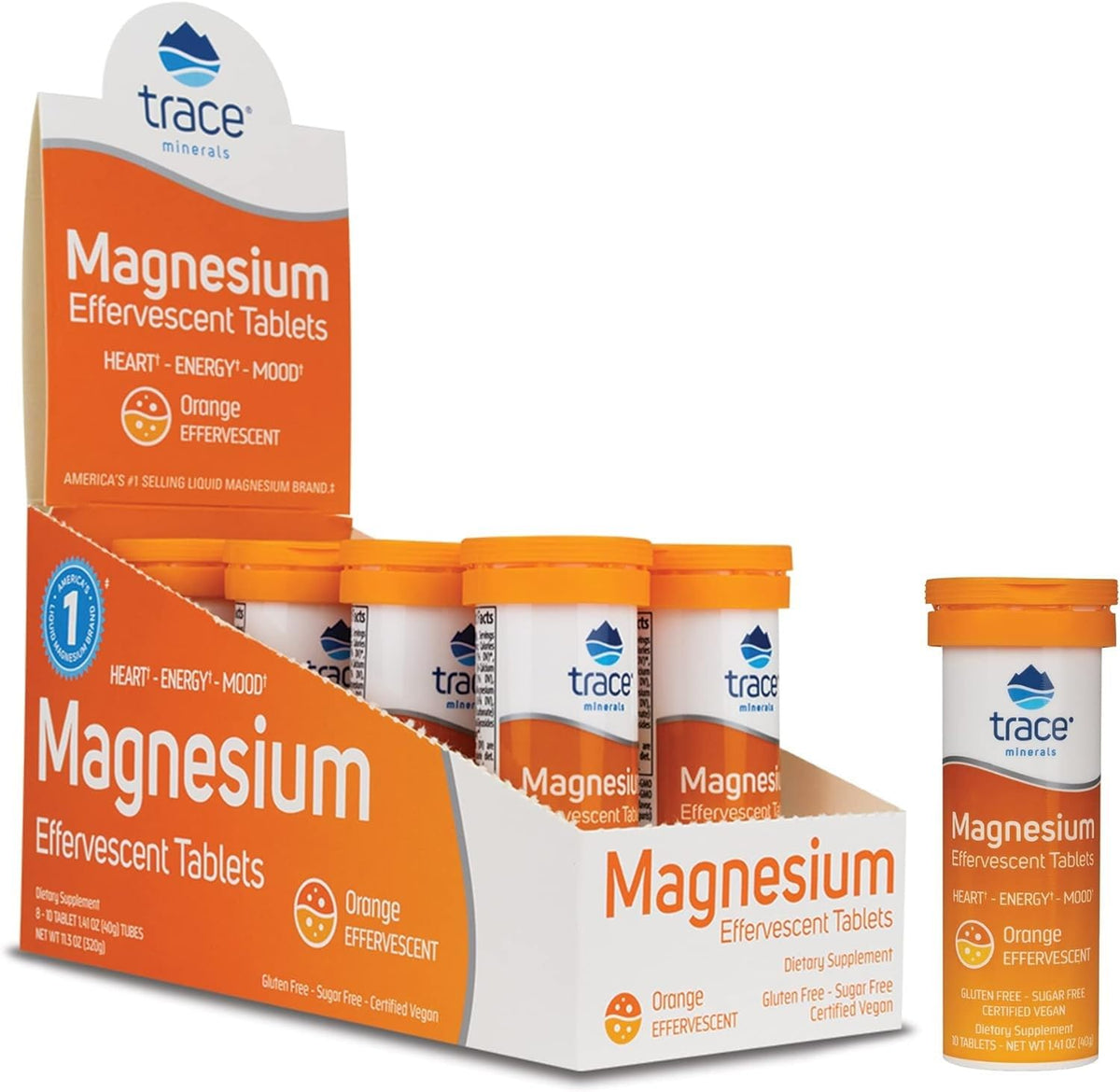 Trace Minerals Magnesium Effervescent - Bone & Circulatory Health Support Supplement - Magnesium Supplement to Aid Cardiovascular Health & Positive Outlook - Orange 8 Containers (80 Servings)