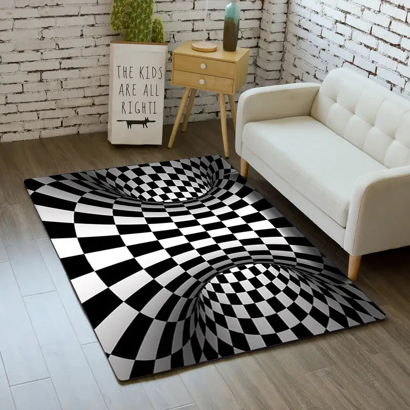 Black and White Checkered 3D Illusion Area Rug