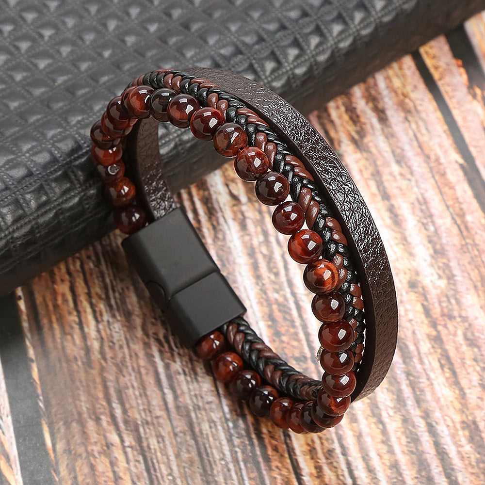 Men's Leather and Natural Stone Volcano Rock Bracelet