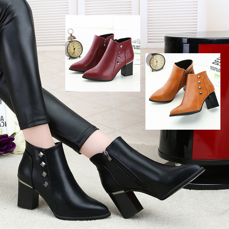 New High Heel Women's Short Boots with Studded Chunky Heel