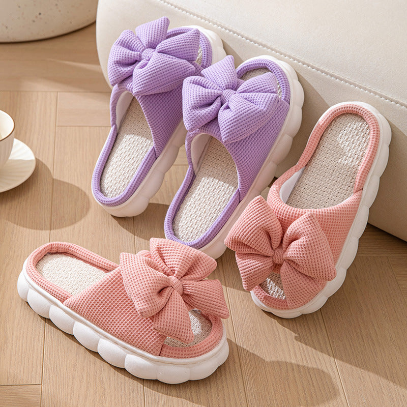 Solid Color Bow Knot Thick Sole Open Toe Slippers
