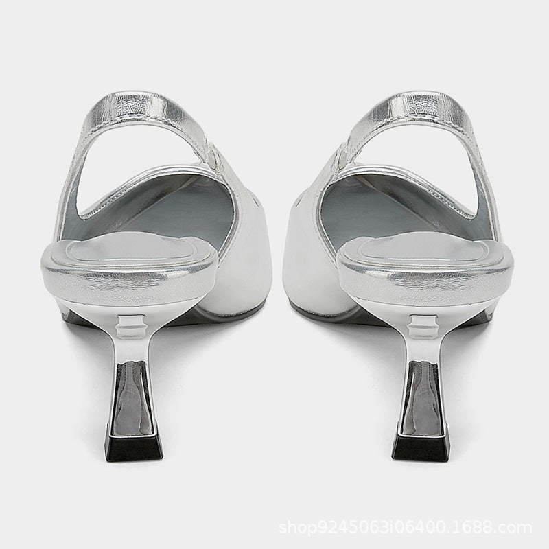 Summer New Silver Pointed Toe Chunky Heel Sandals
