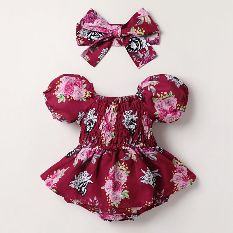 Summer Floral Print Baby Romper with Headscarf