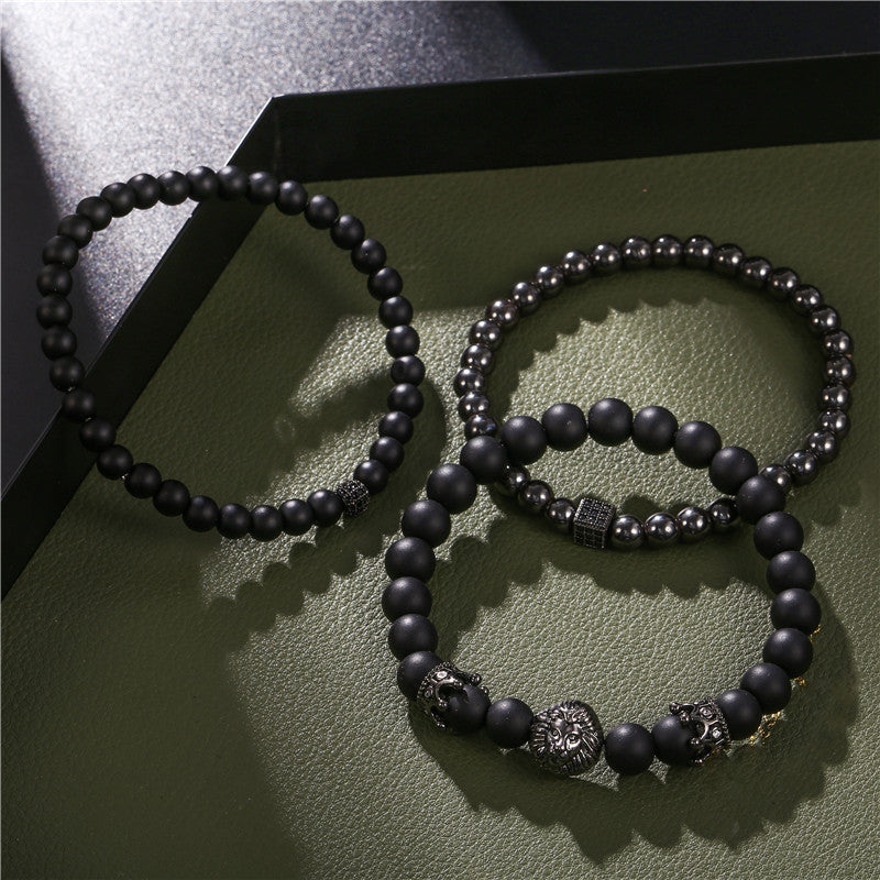 Vintage Black Matte Bracelet Set with Zircon Crown & Lion Head