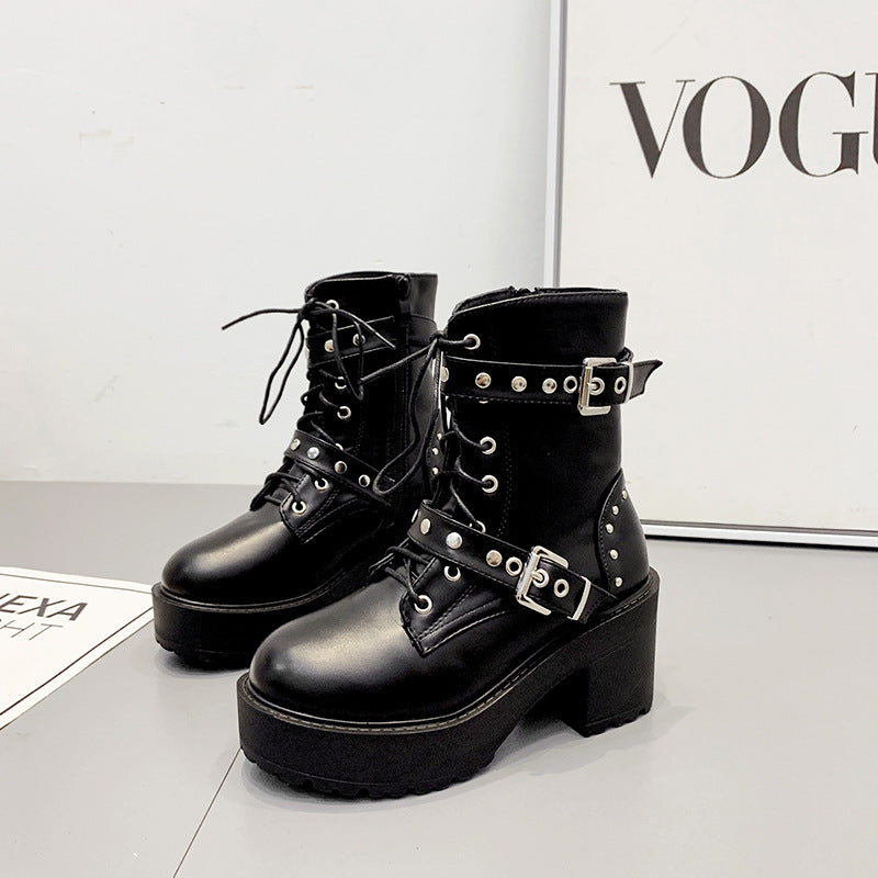 Rivet Belt Buckle Lace-Up Chunky Heel Waterproof Boots