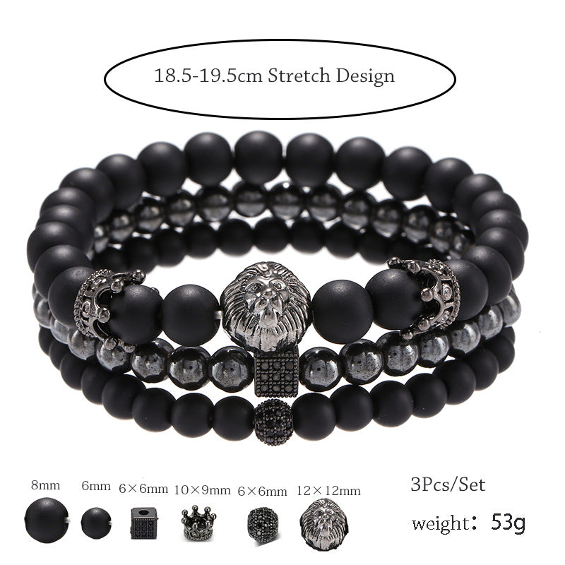 Vintage Black Matte Bracelet Set with Zircon Crown & Lion Head
