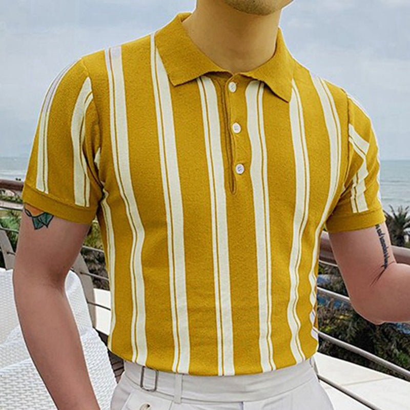 Men's Slim Fit Striped Knit Polo Shirt, Short Sleeve