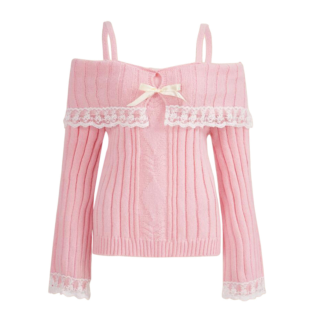 Solid Color Lace-Trim Off-Shoulder Knitted Sweater YF2348