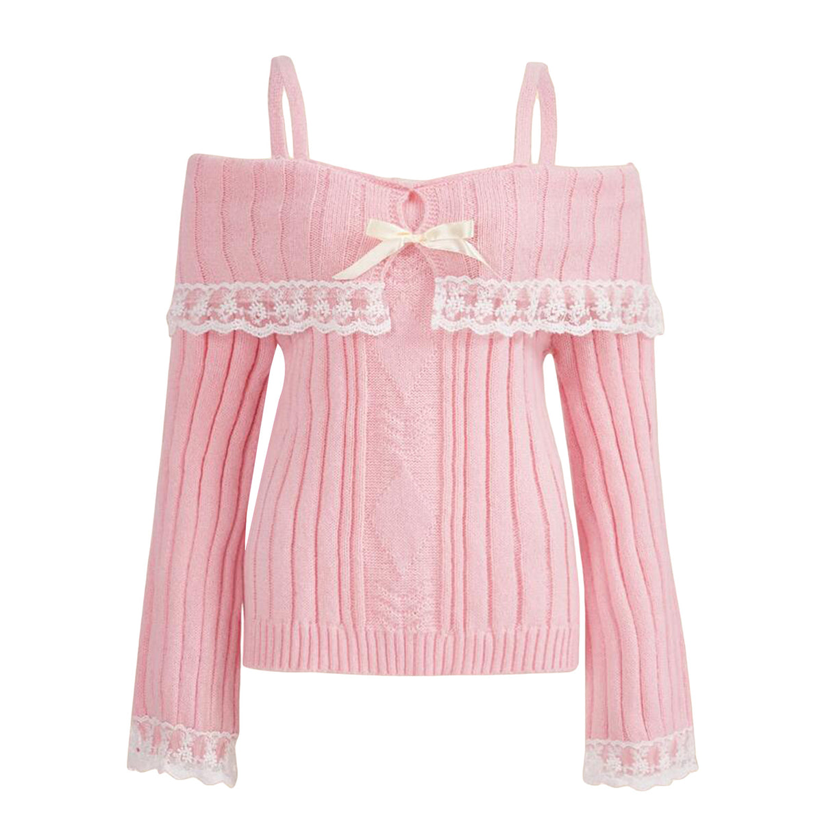 Solid Color Lace-Trim Off-Shoulder Knitted Sweater YF2348