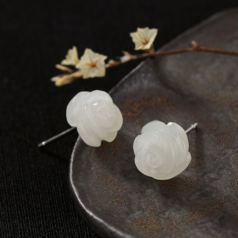 S925 Silver White Rose Jade Stud Earrings for Women