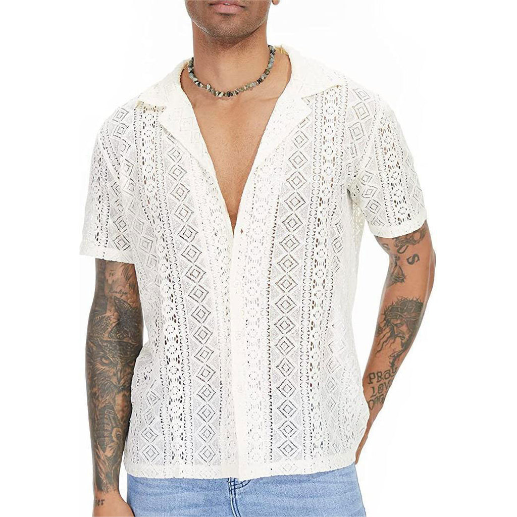 Men's Lace Short Sleeve Shirt with Floral Design