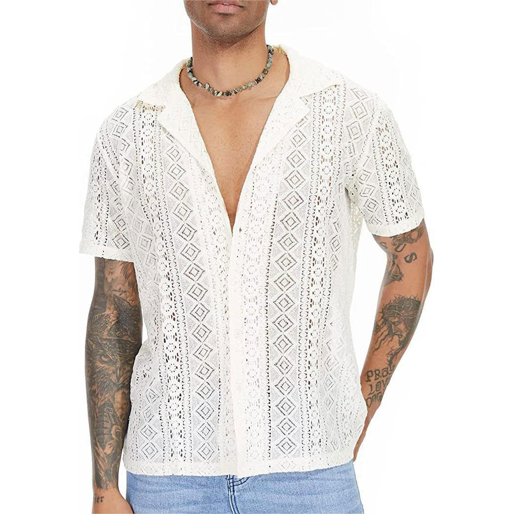 Men's Lace Short Sleeve Shirt with Floral Design