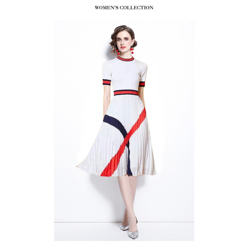 Fashionable Breathable Knit Panel Printed Pleated Dress