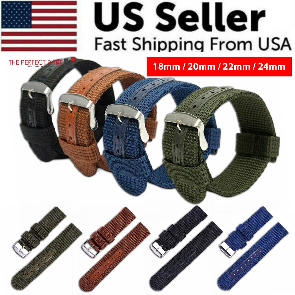 18mm 20mm 22mm 24mm Military Canvas Nylon Wrist Watch Band Strap Bracelet Sport