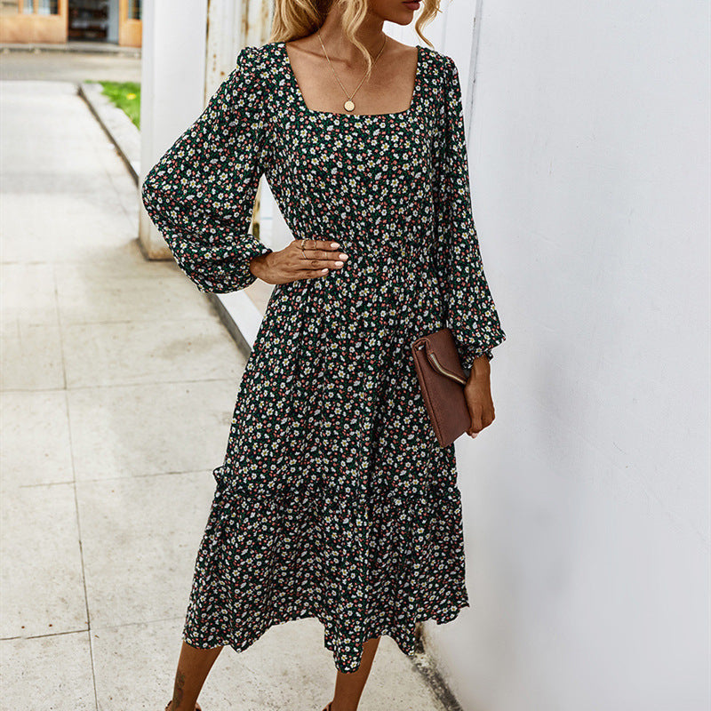 Autumn Winter Floral Print Dress with Square Neck